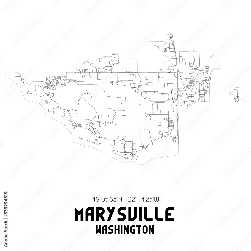 Marysville Washington. US street map with black and white lines.