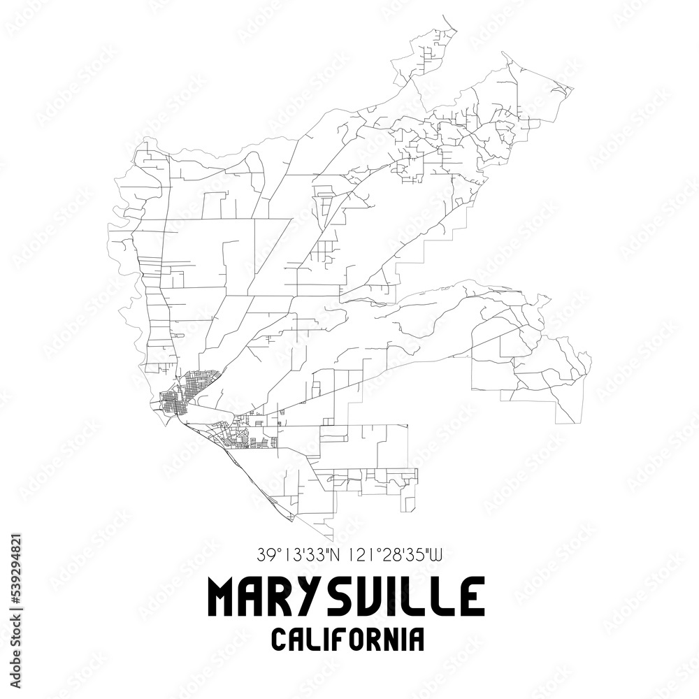Marysville California. US street map with black and white lines.