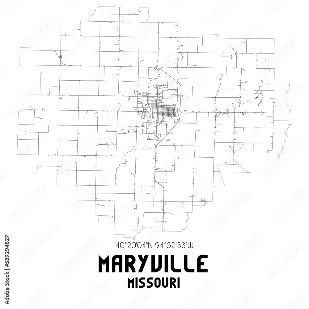 Maryville Missouri. US street map with black and white lines.