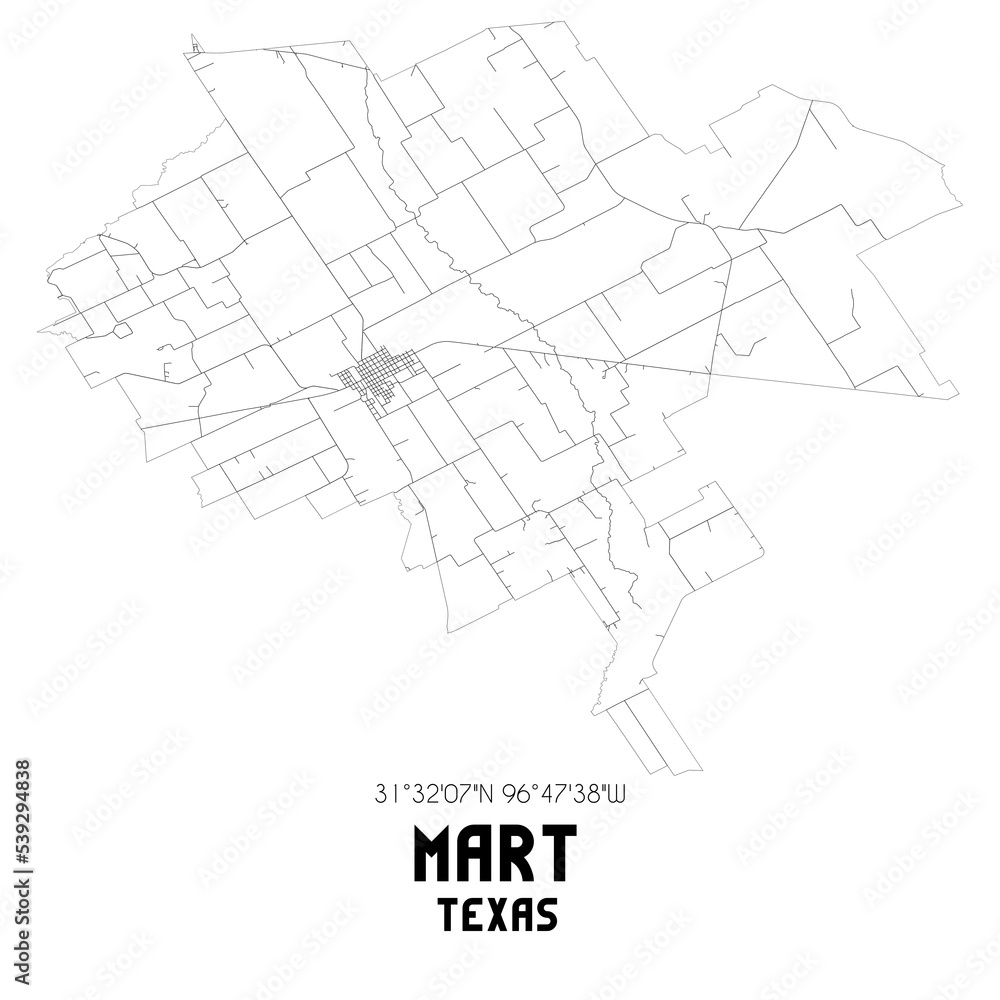 Mart Texas. US street map with black and white lines.