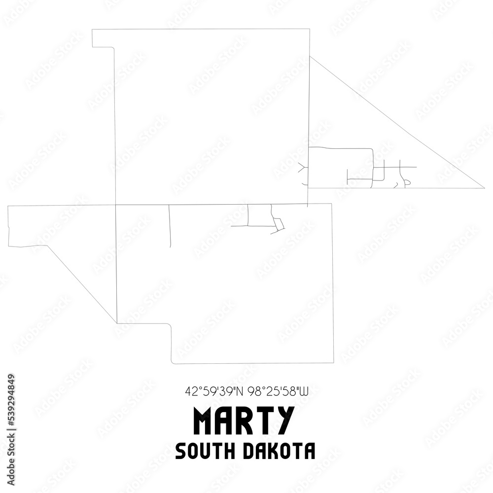 Marty South Dakota. US street map with black and white lines.
