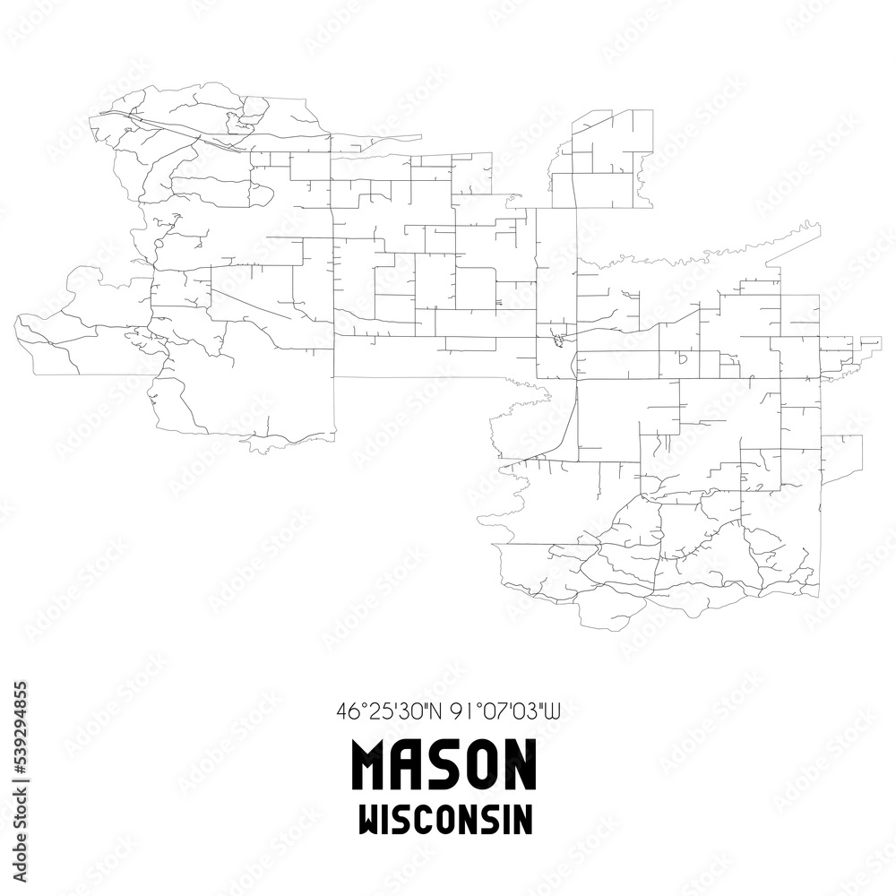 Mason Wisconsin. US street map with black and white lines.