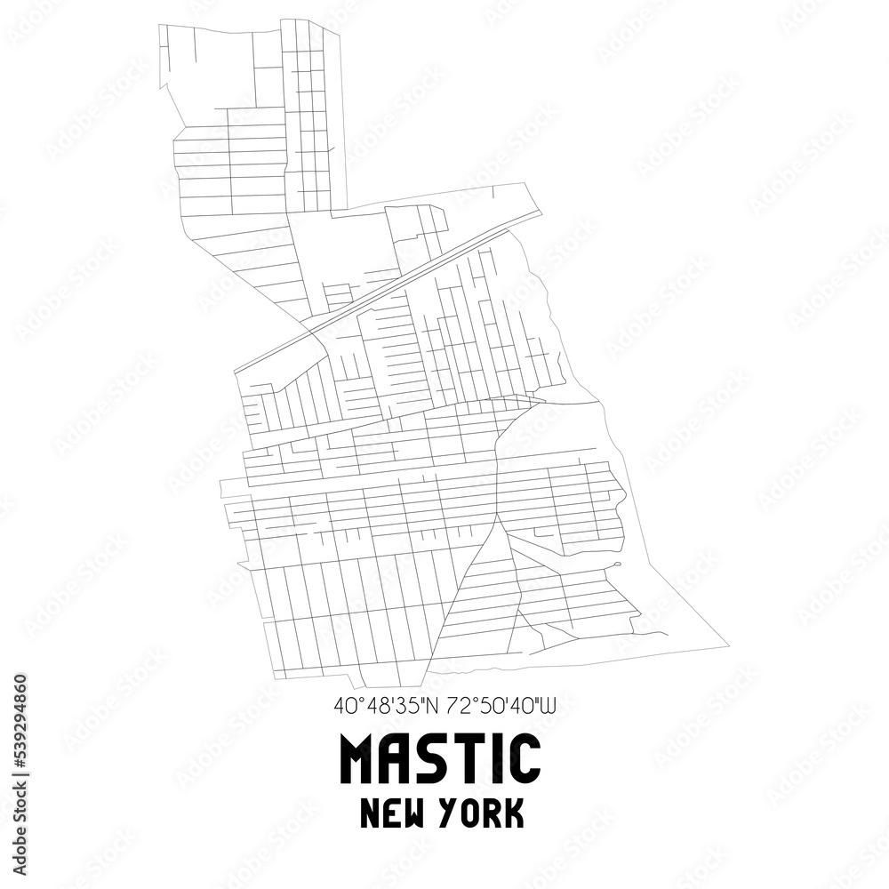 Mastic New York. US street map with black and white lines.