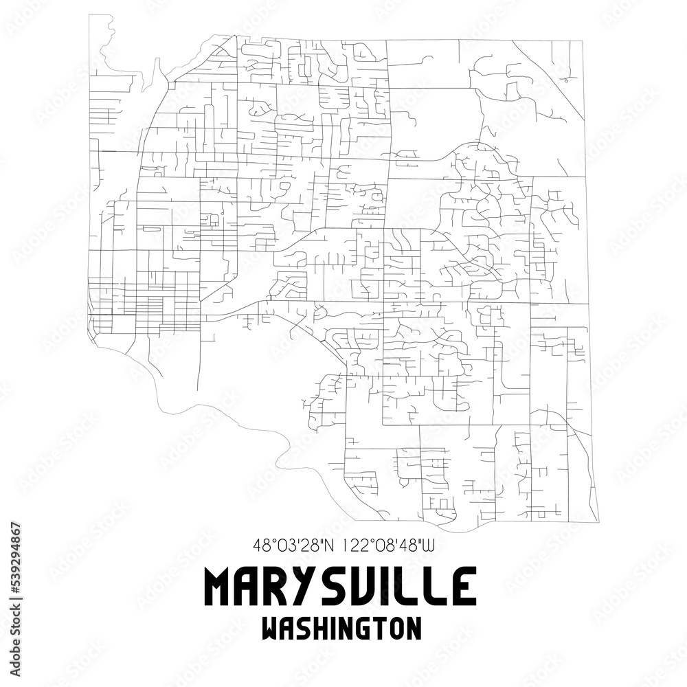 Marysville Washington. US street map with black and white lines.