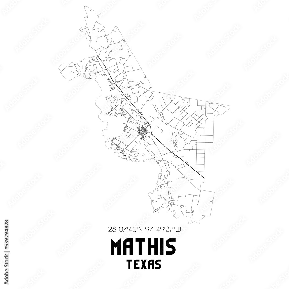 Mathis Texas. US street map with black and white lines. Stock