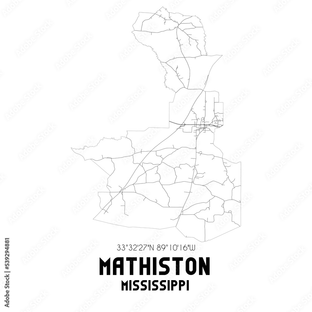 Mathiston Mississippi. US street map with black and white lines.
