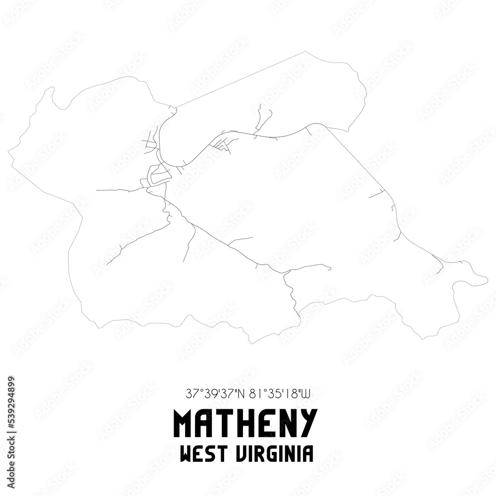 Matheny West Virginia. US street map with black and white lines.