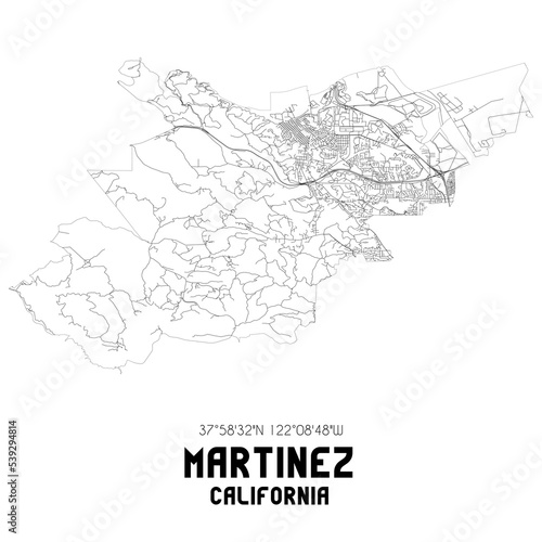 Martinez California. US street map with black and white lines.