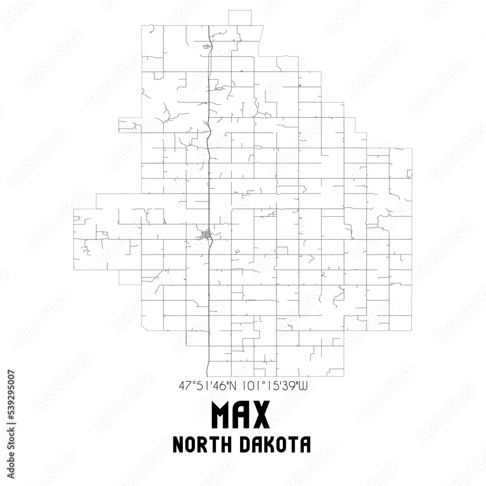 Max North Dakota. US street map with black and white lines.