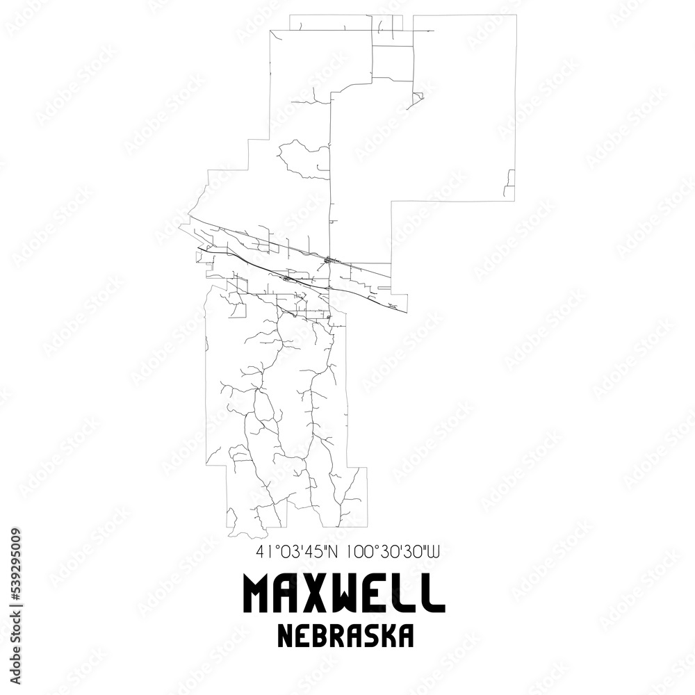 Maxwell Nebraska. US street map with black and white lines.