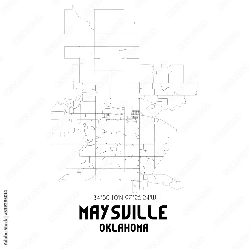 Maysville Oklahoma. US street map with black and white lines. Maysville Oklahoma. US street map with black and white lines.