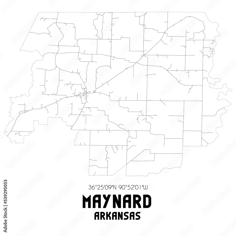 Maynard Arkansas. US street map with black and white lines.