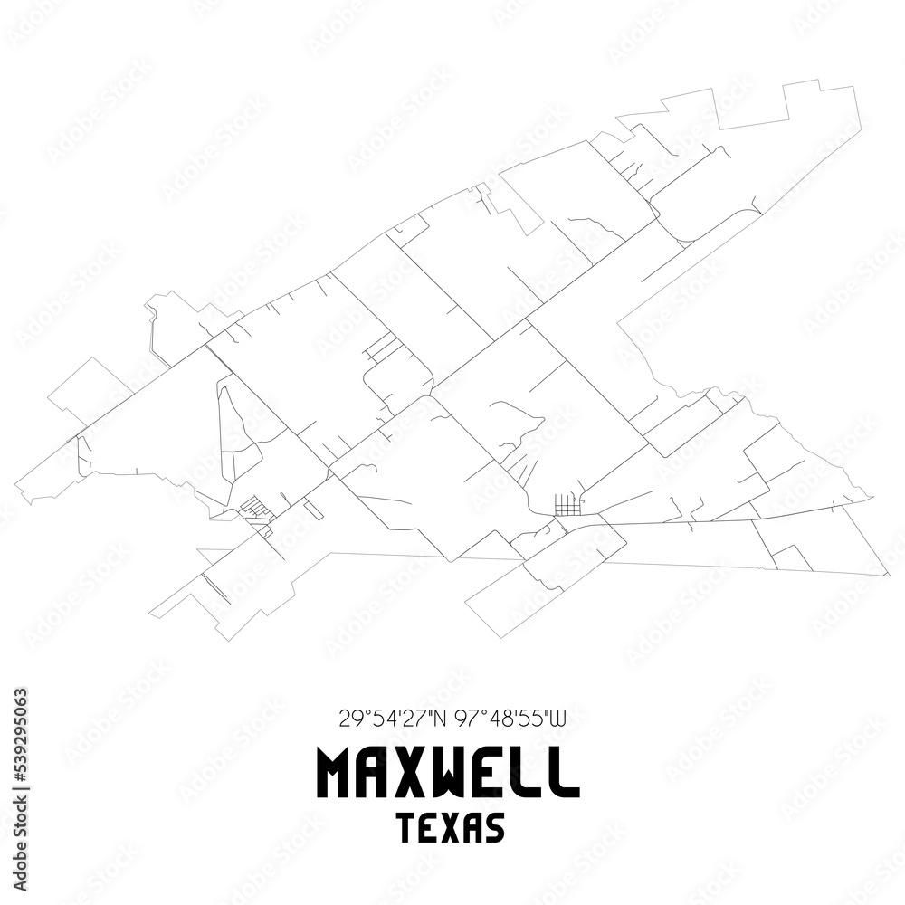 Maxwell Texas. US street map with black and white lines.
