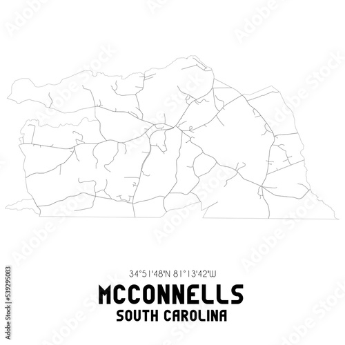 McConnells South Carolina. US street map with black and white lines.