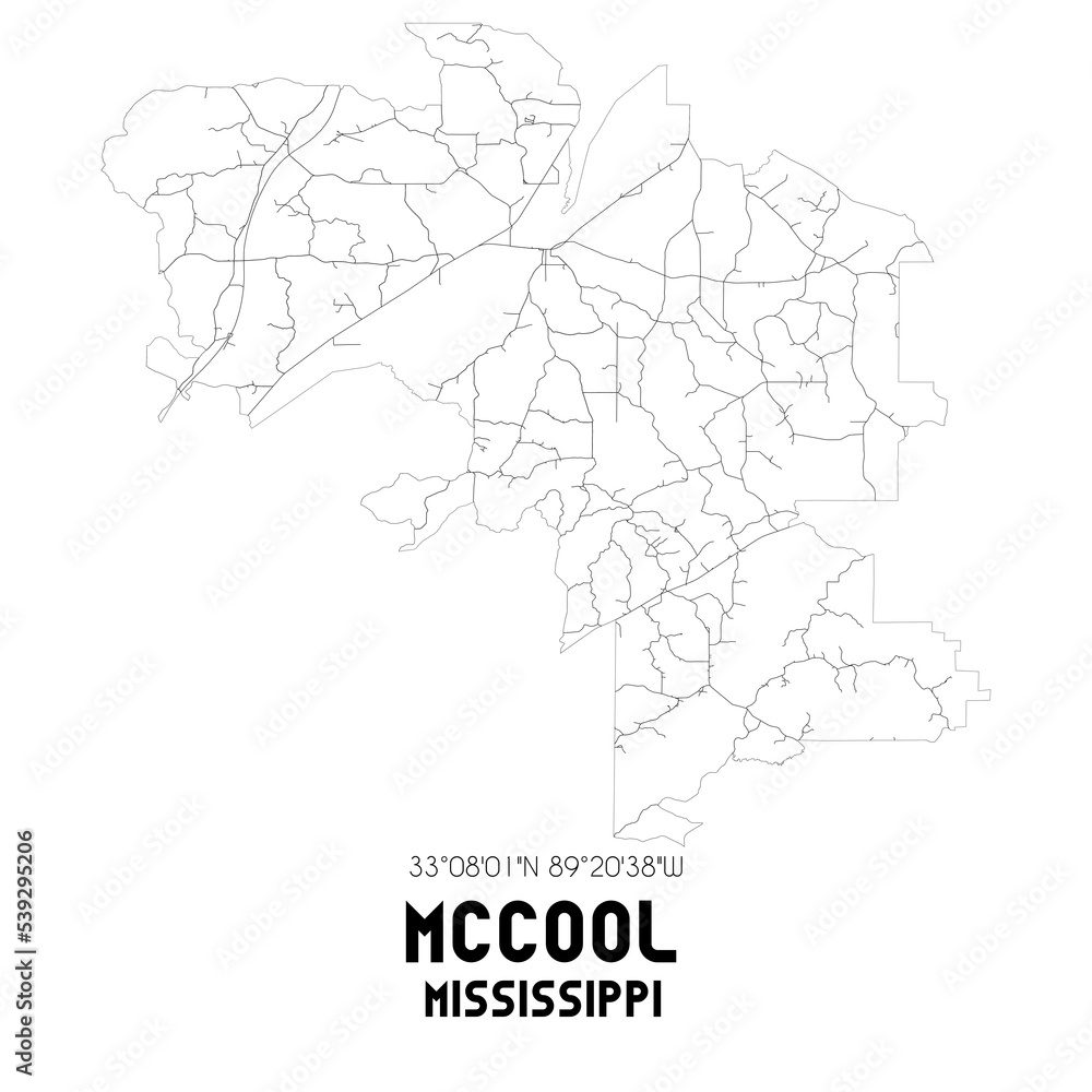 McCool Mississippi. US street map with black and white lines.