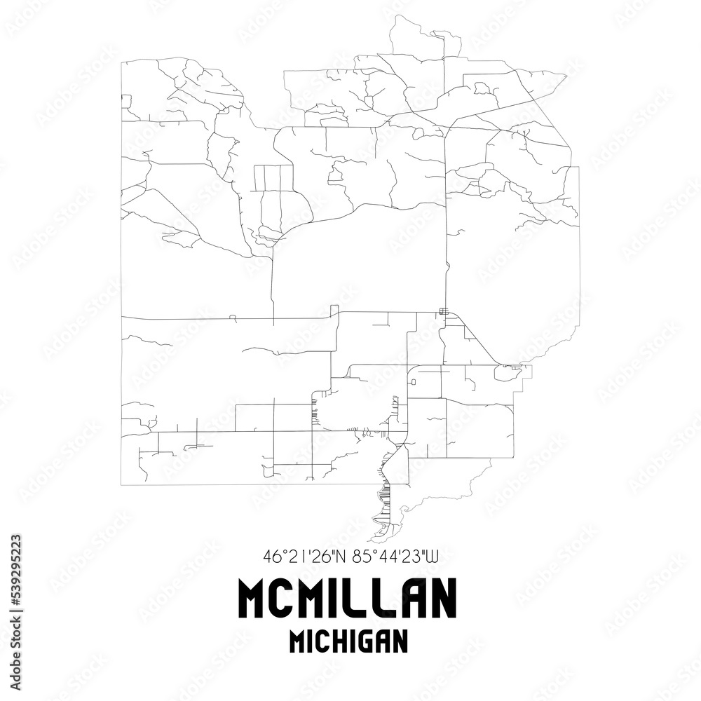 McMillan Michigan. US street map with black and white lines.