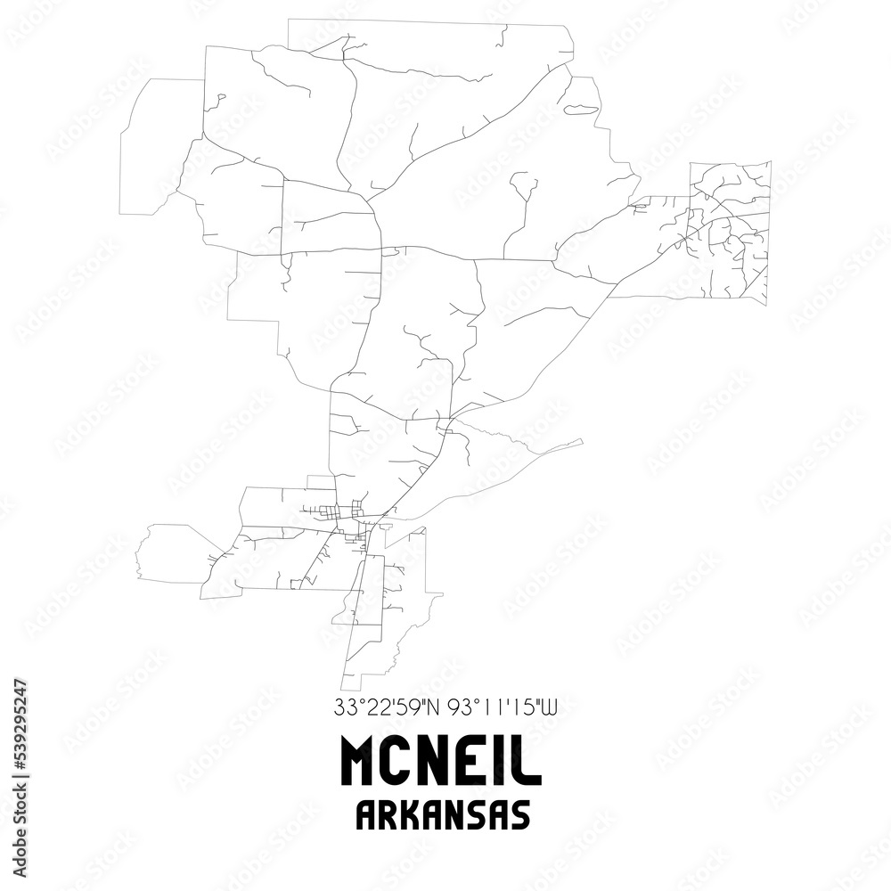 McNeil Arkansas. US street map with black and white lines.