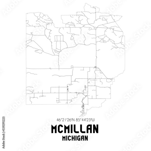McMillan Michigan. US street map with black and white lines.