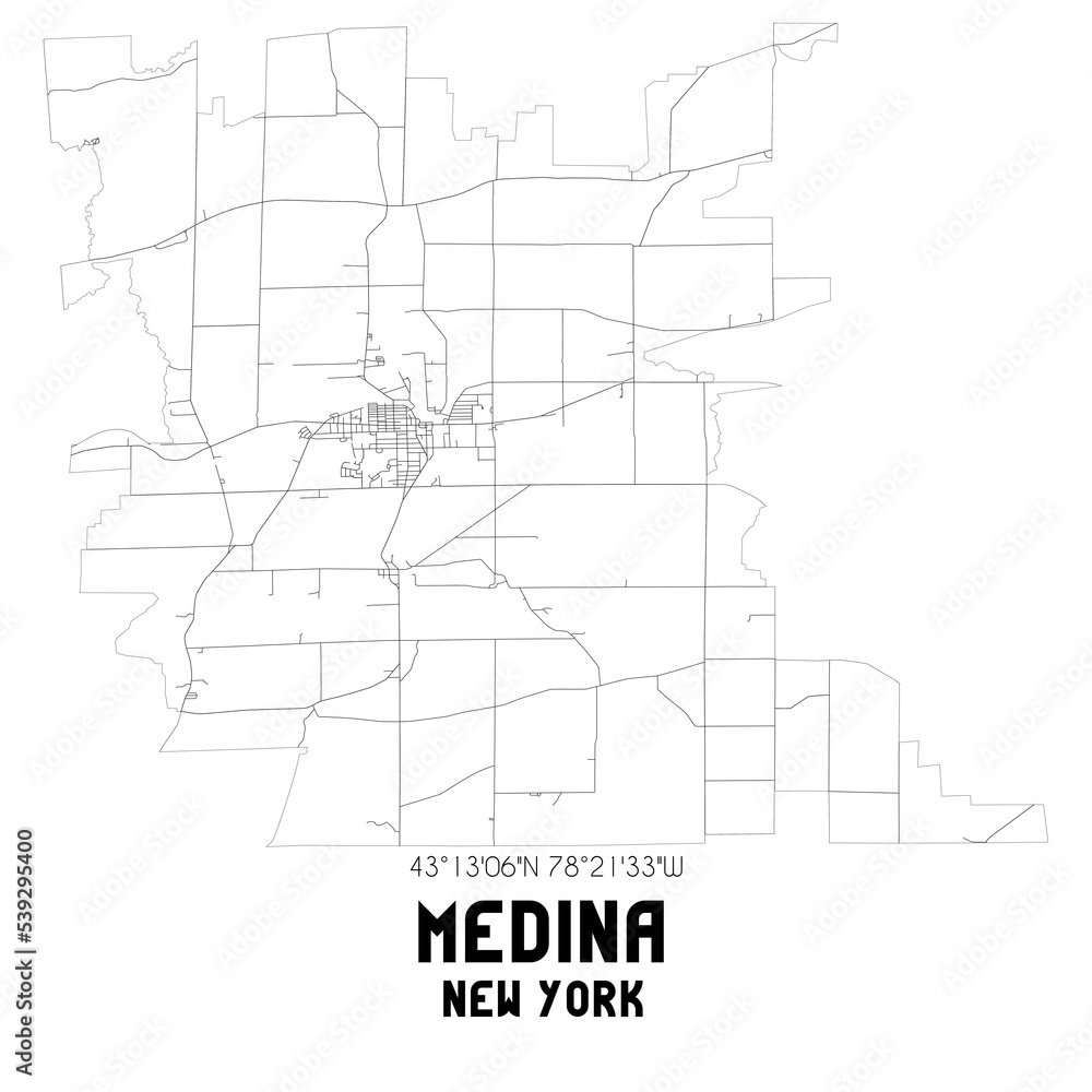 Medina New York. US street map with black and white lines.