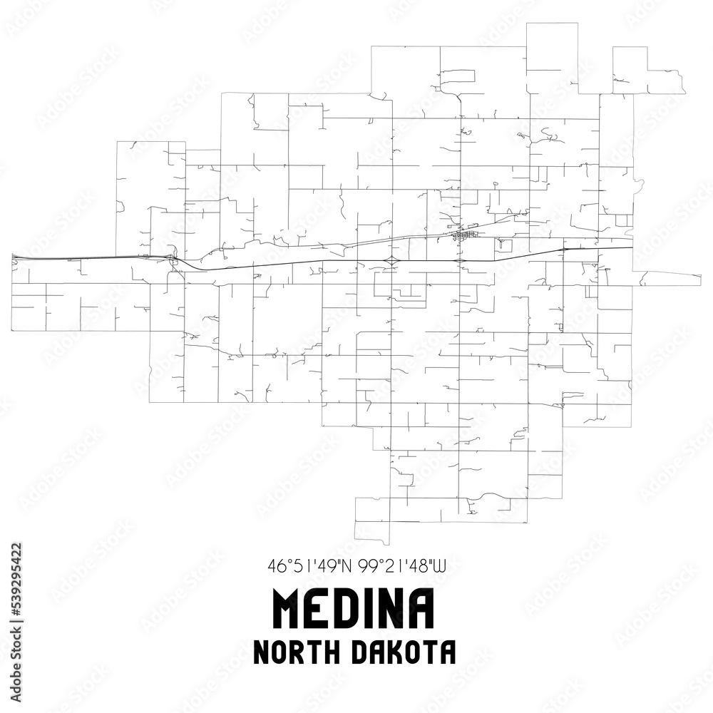 Medina North Dakota. US street map with black and white lines.