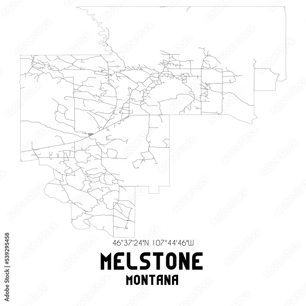Melstone Montana. US street map with black and white lines.