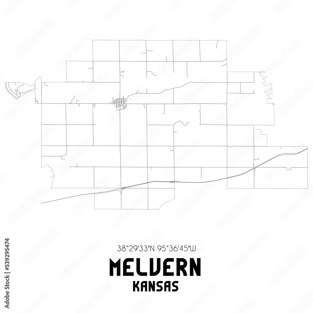 Melvern Kansas. US street map with black and white lines.