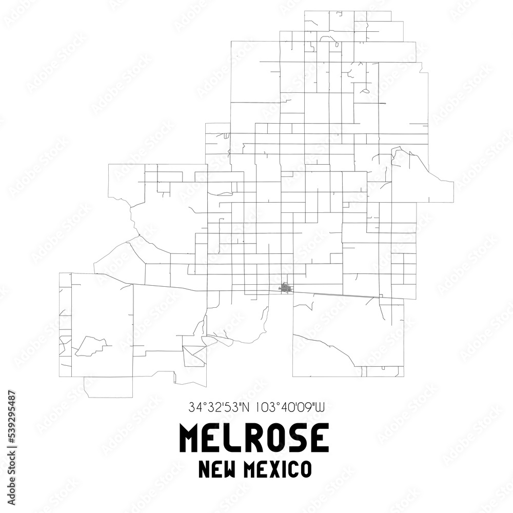 Melrose New Mexico. US street map with black and white lines.