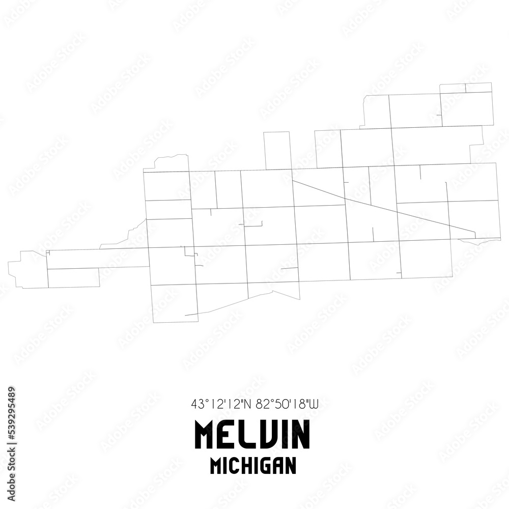 Melvin Michigan. US street map with black and white lines.