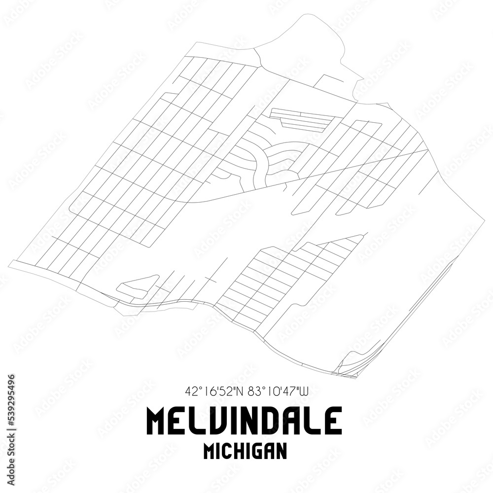 Melvindale Michigan. US street map with black and white lines.