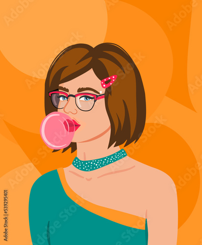 Portrait of young hipster woman with bubble gum. Attractive girl portrait, social media avatar. 