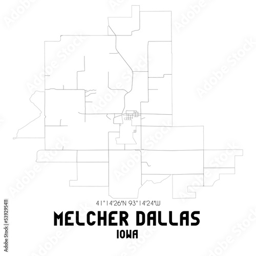 Melcher Dallas Iowa. US street map with black and white lines.