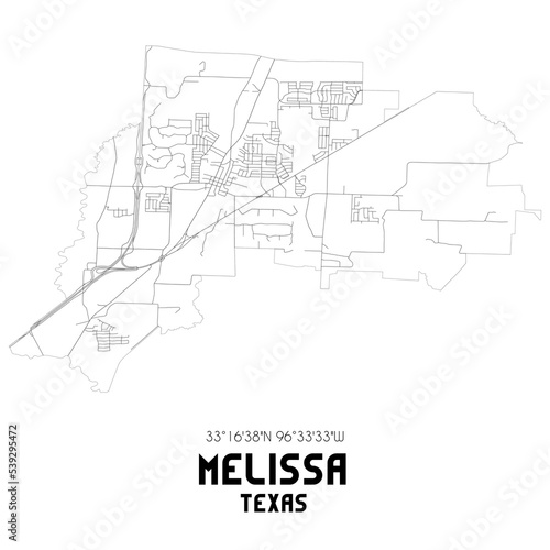 Melissa Texas. US street map with black and white lines.