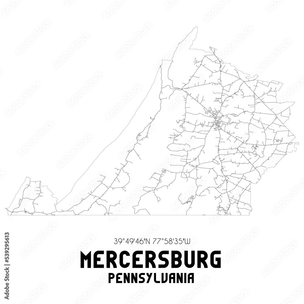 Mercersburg Pennsylvania. US street map with black and white lines.