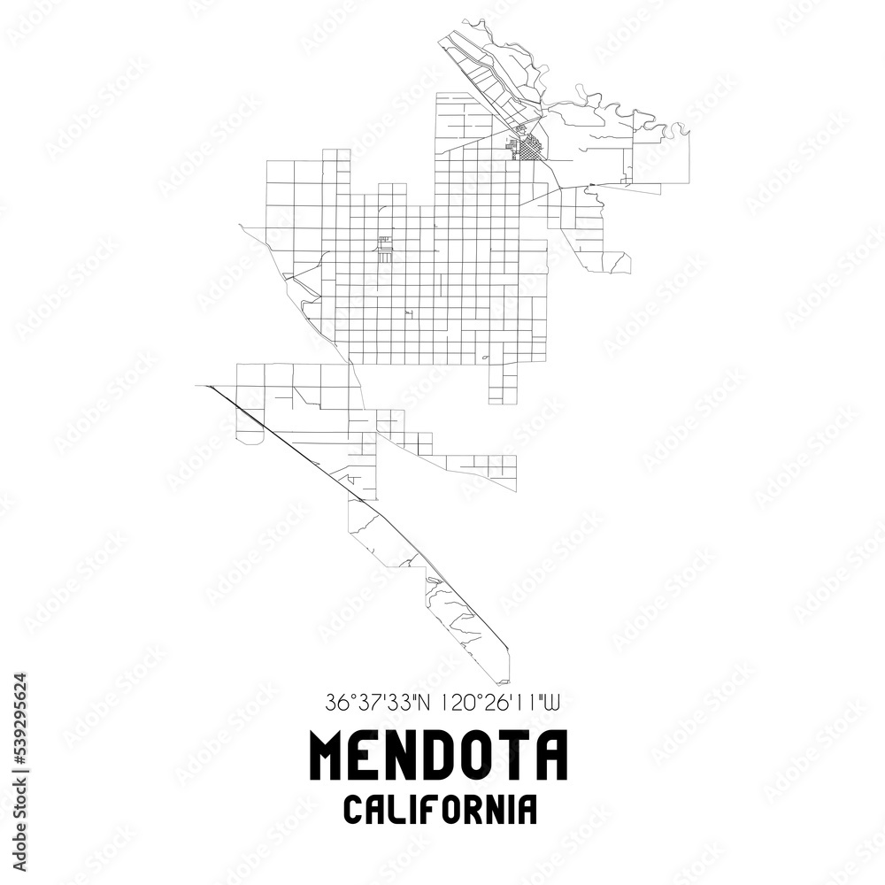 Fototapeta premium Mendota California. US street map with black and white lines.
