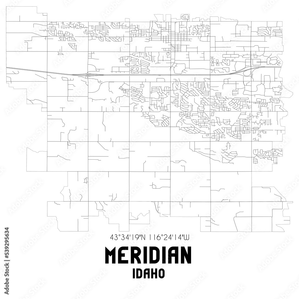 Meridian Idaho. US street map with black and white lines.