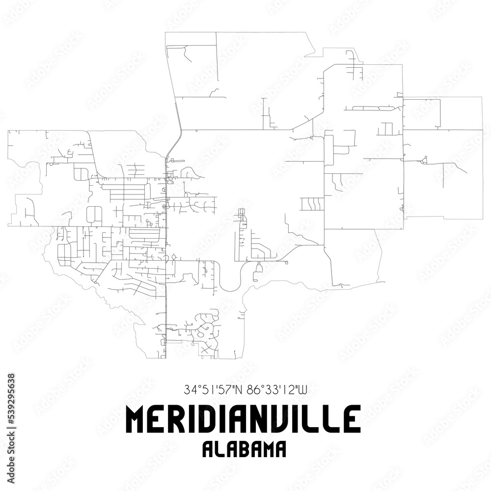 Meridianville Alabama. US street map with black and white lines.