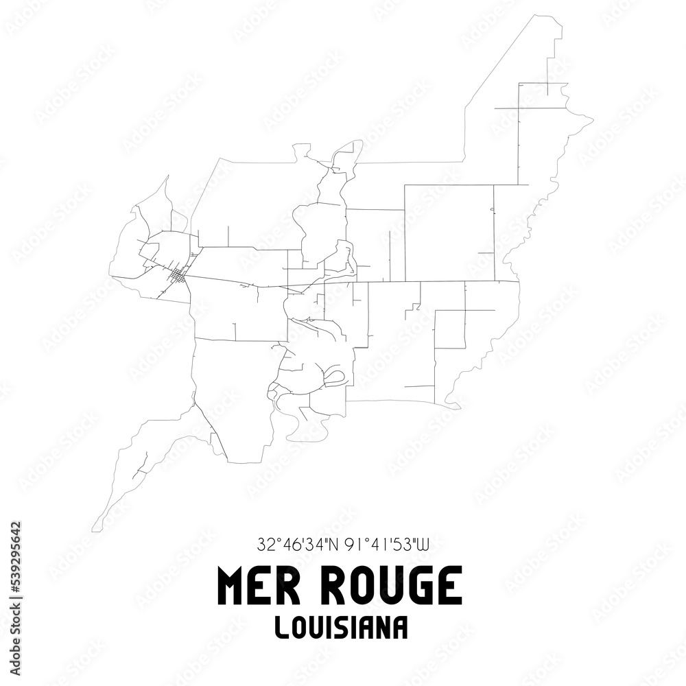 Mer Rouge Louisiana. US street map with black and white lines.