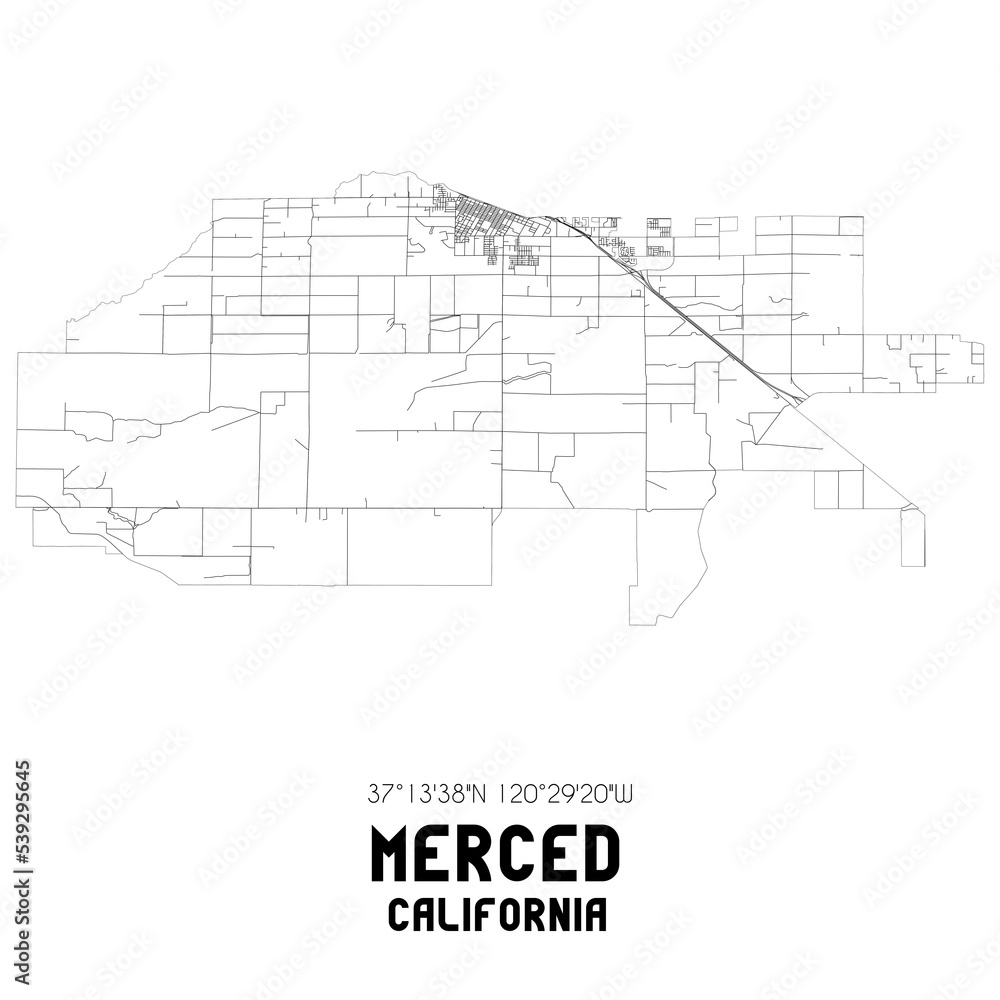 Merced California. US street map with black and white lines.