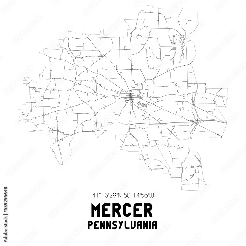 Mercer Pennsylvania. US street map with black and white lines.