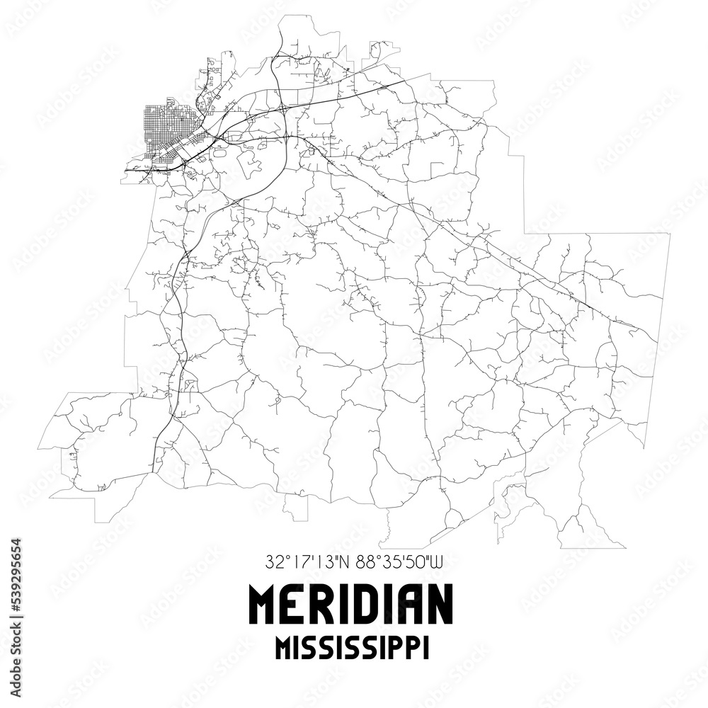 Meridian Mississippi. US street map with black and white lines.