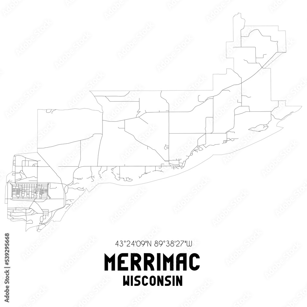 Merrimac Wisconsin. US street map with black and white lines.