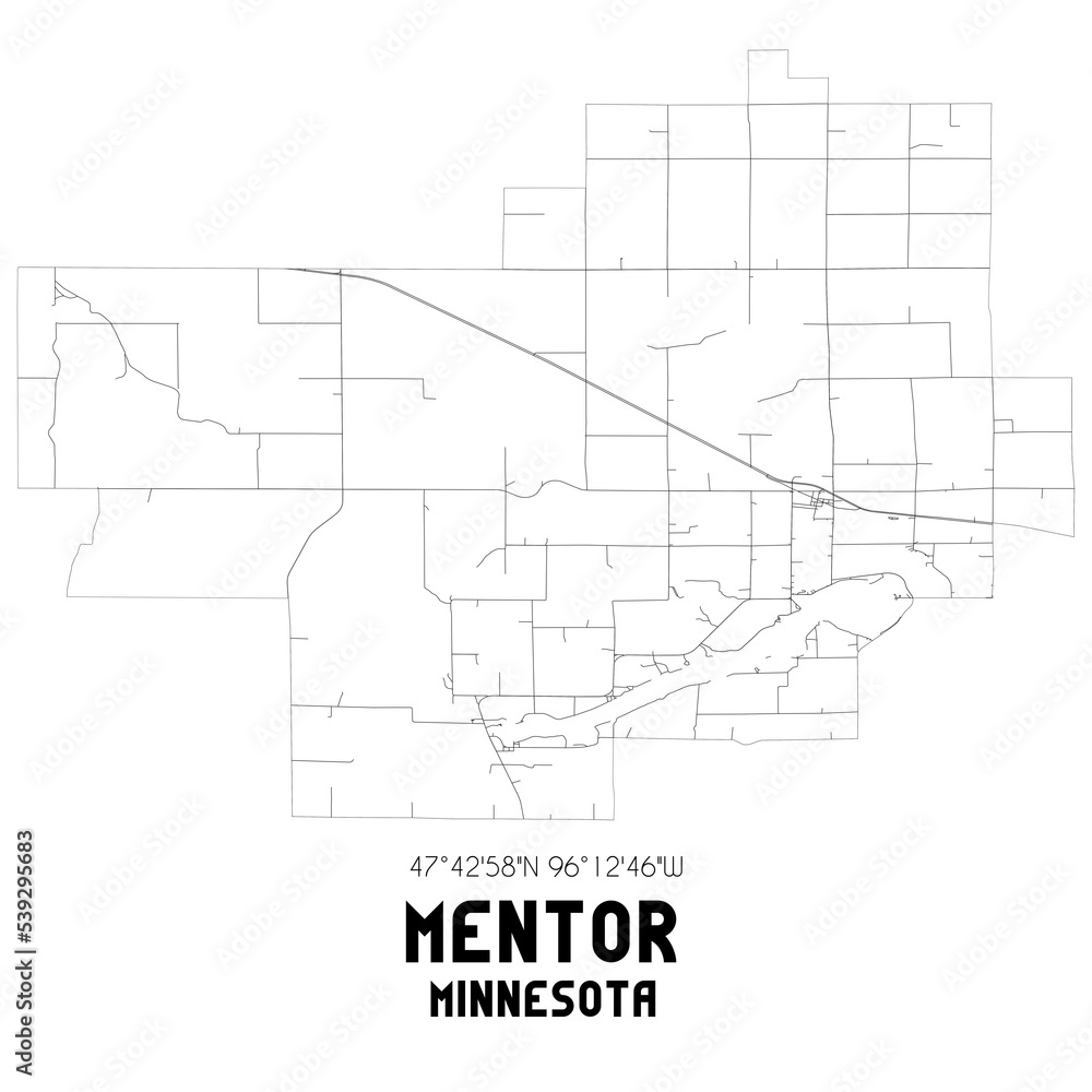 Mentor Minnesota. US street map with black and white lines.