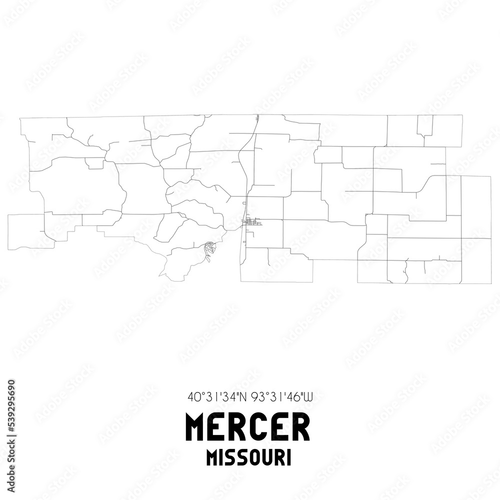 Mercer Missouri. US street map with black and white lines.