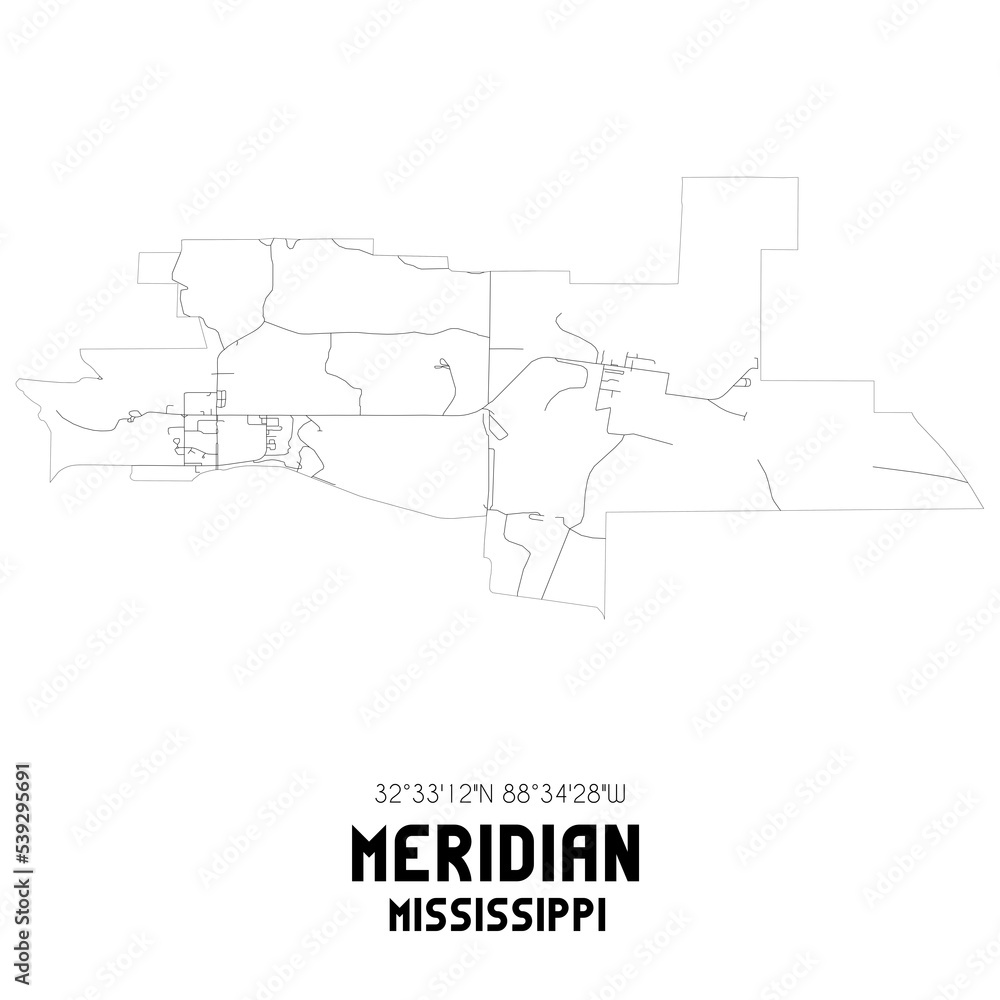 Meridian Mississippi. US street map with black and white lines.