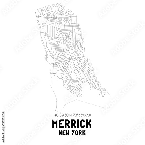 Merrick New York. US street map with black and white lines.