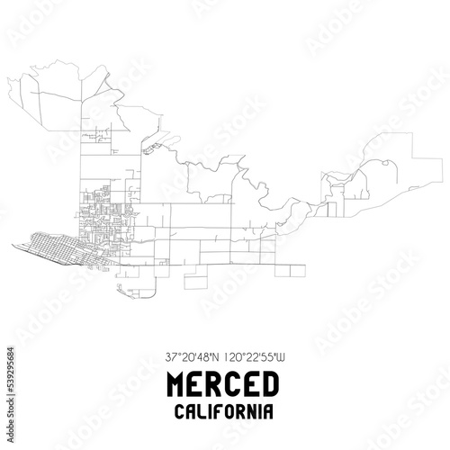 Merced California. US street map with black and white lines.