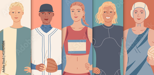 People sport. Diverse sportsmen and sportswomen Portraits of female and male athletes