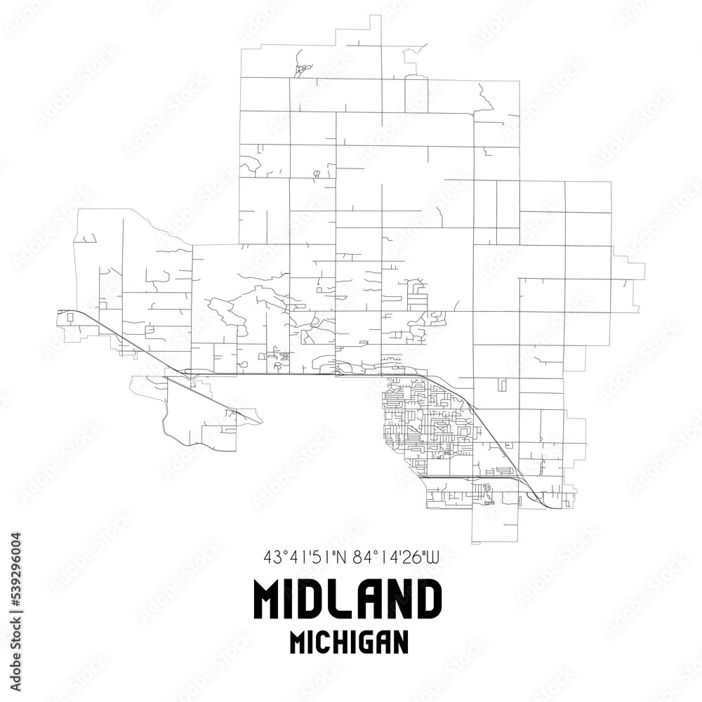 Midland Michigan. US street map with black and white lines.