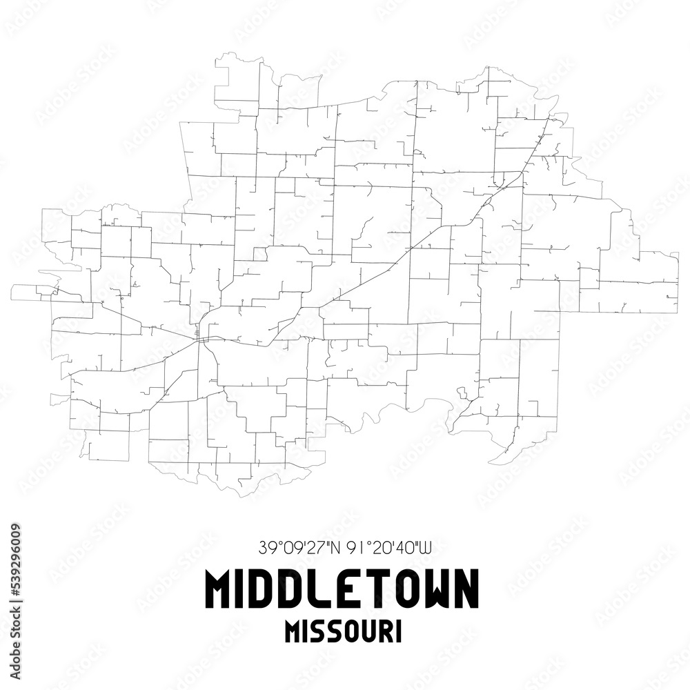 Middletown Missouri. US street map with black and white lines.