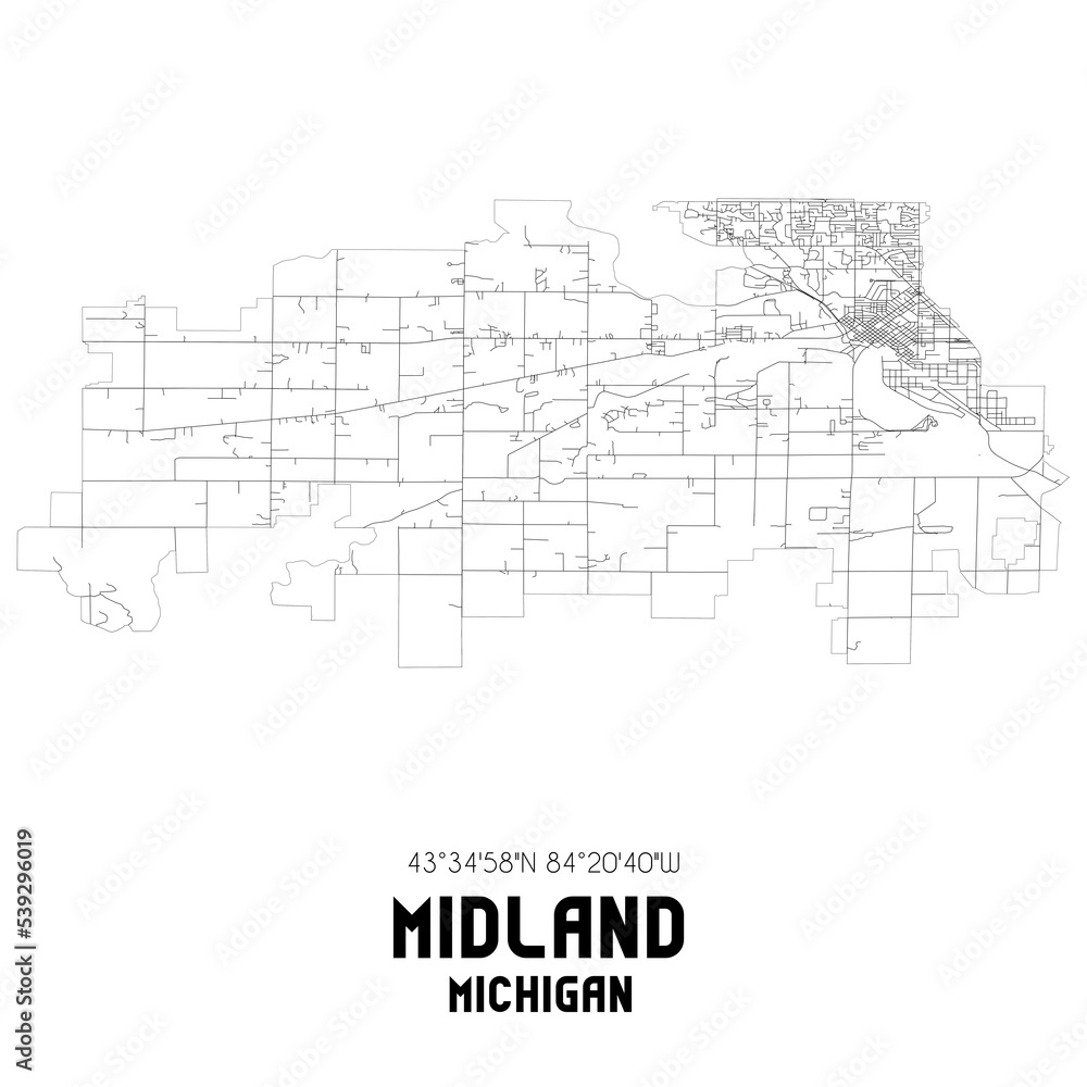 Midland Michigan. US street map with black and white lines. Midland Michigan. US street map with black and white lines.